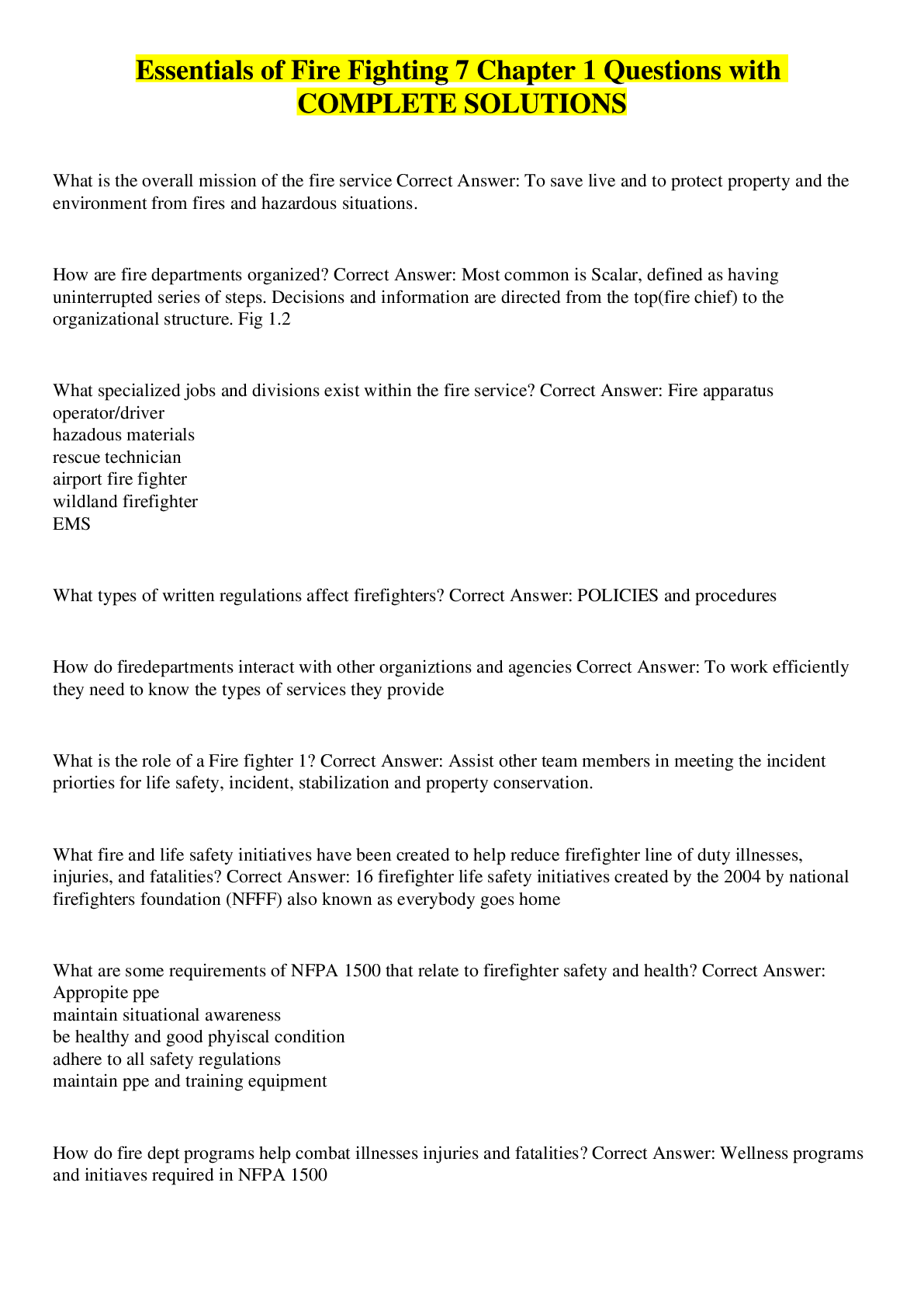 Preview image for Essentials of Fire Fighting 7 Chapter 1 Questions with COMPLETE SOLUTIONS